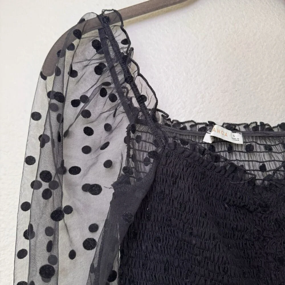 Black Polka Dot Sheer Shoulder Ruffle Cropped Whimsy Goth Long Sleeve Blouse